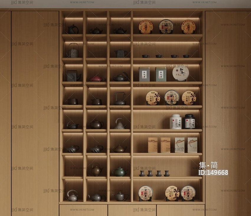 03-新中式茶具_茶叶_茶杯_茶饼_装饰柜_展示柜3D模型
