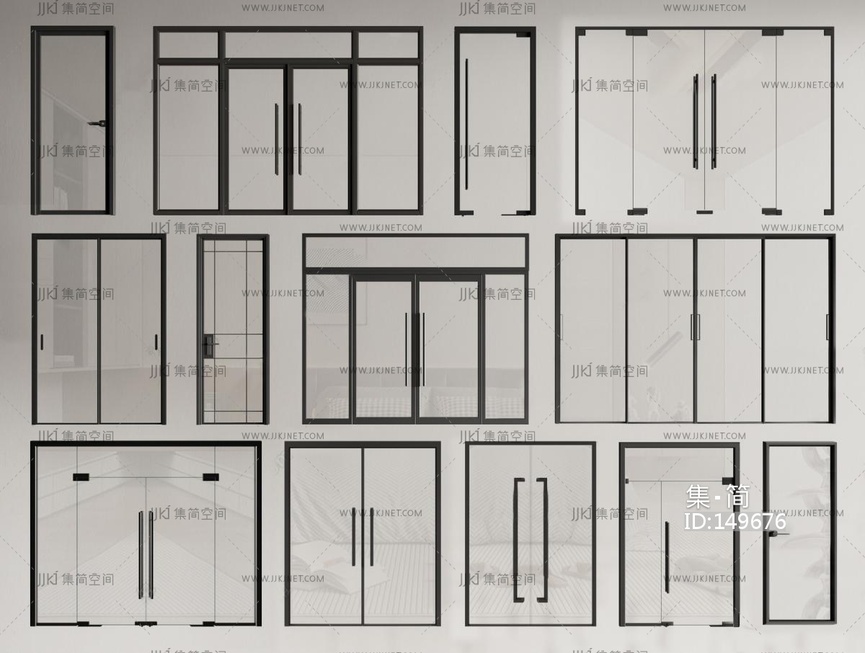 10-现代玻璃门组合_双开门_玻璃单开门_办公玻璃门_玻璃大门_玻璃推拉门_商业大门3D模型vrrr