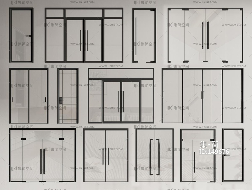 10-现代玻璃门组合_双开门_玻璃单开门_办公玻璃门_玻璃大门_玻璃推拉门_商业大门3D模型vrrr