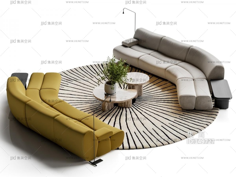 08-现代意式沙发组合_沙发茶几组合_竹节沙发_圆形地毯su模型