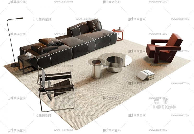 11-意式极简沙发组合_组合沙发_模块沙发_布艺沙发_不锈钢玻璃茶几_金属休闲椅su模型