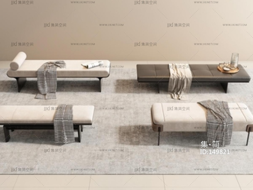 现代意式床尾凳_床尾凳组合_沙发凳_皮革床尾凳_布艺床尾凳_长条凳SU模型