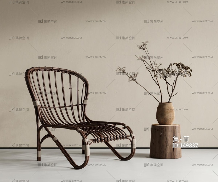 01-侘寂休闲椅_藤编休闲椅_藤编躺椅_藤编户外椅_木头边几_藤椅3D模型vrrrr