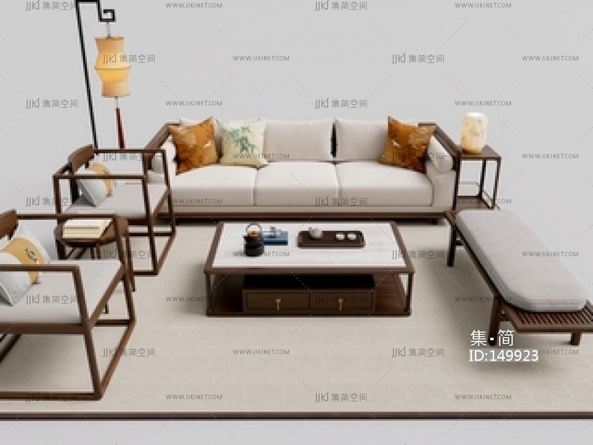 新中式中式沙发组合_组合沙发_沙发茶几SU模型