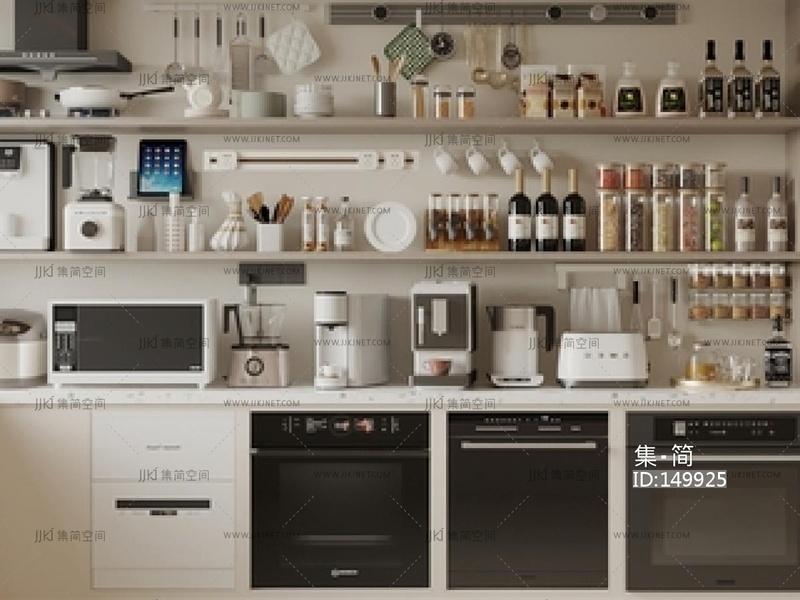 厨房用品组合_厨房电器_洗碗机_微波炉烤箱_饮水机_咖啡机SU模型