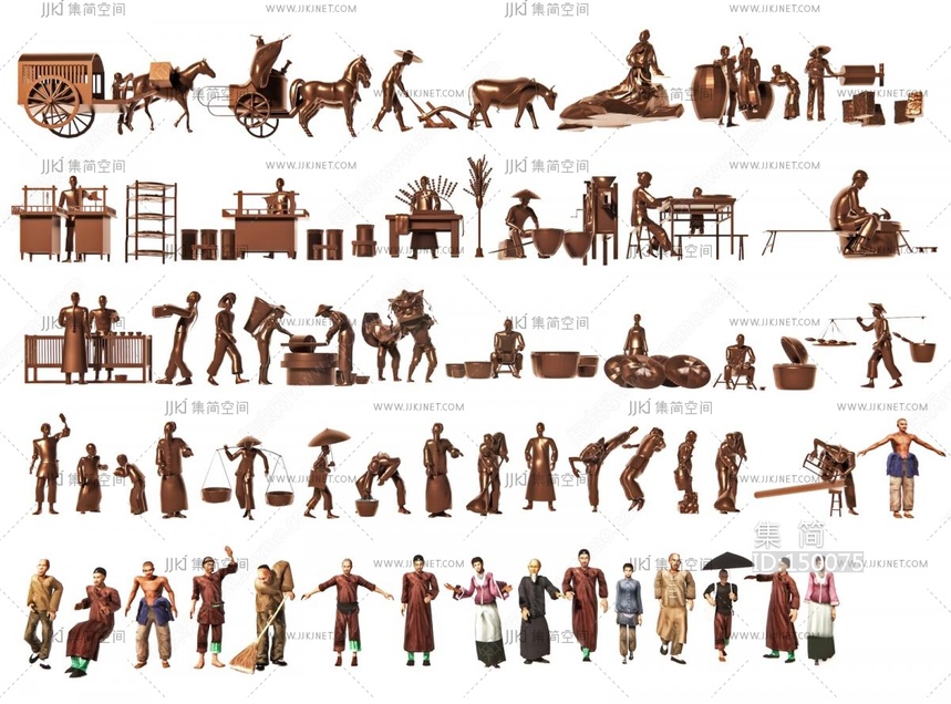 17-中式景观雕塑_铜人雕塑_古代人物雕塑小品_农耕人物雕塑_商业街铸铜雕塑_民俗文化人物雕像su模型