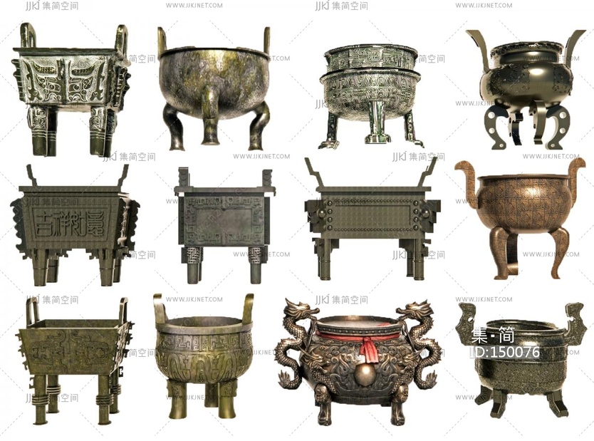 18-中式其他景观小品_鼎_青铜鼎方鼎圆鼎_三角鼎黄铜鼎_香炉青铜器_铜炉祭祀佛龛su模型