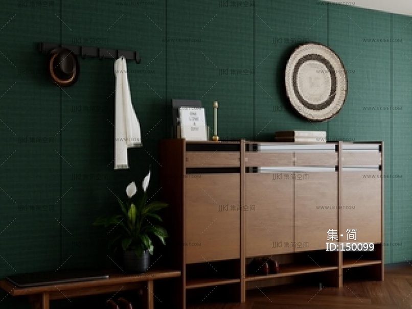 中古鞋柜_现代中古风鞋柜_换鞋凳_成品鞋柜_墙面挂件_花瓶花艺摆件SU模型