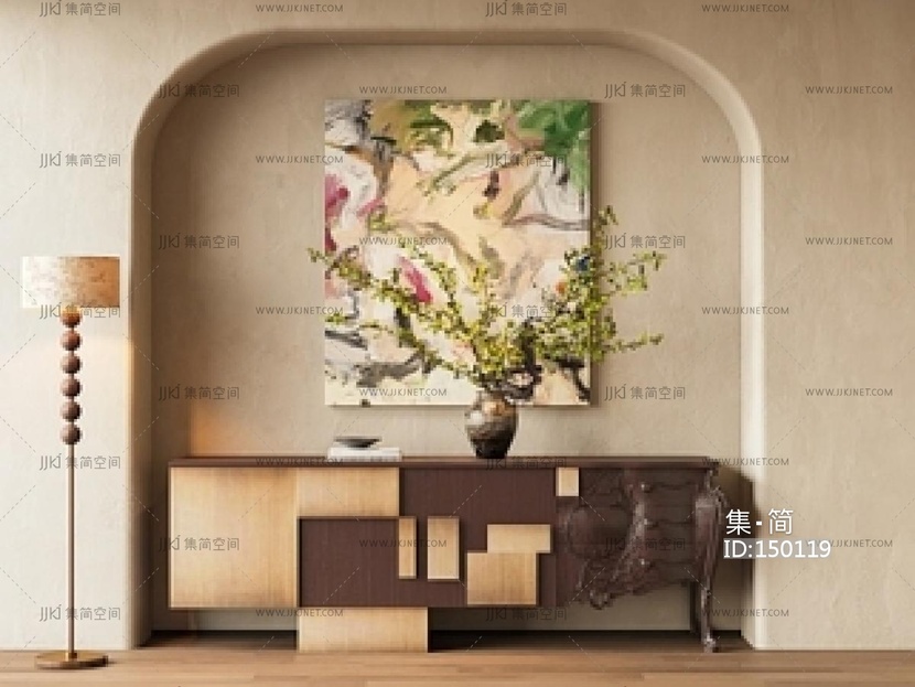 中古玄关柜_入户玄关柜_复古边柜_无边框装饰画_落地灯_抽象画SU模型