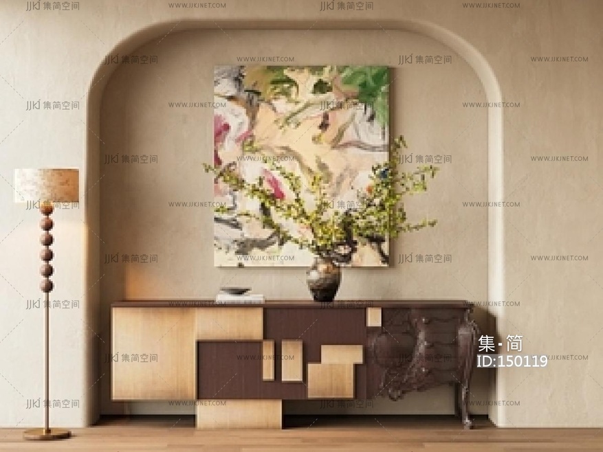 中古玄关柜_入户玄关柜_复古边柜_无边框装饰画_落地灯_抽象画SU模型