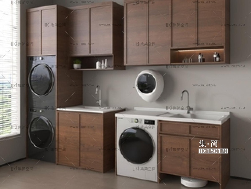 中古洗衣机柜_中古风洗衣机柜_阳台柜洗手台_洗衣机烘干机SU模型
