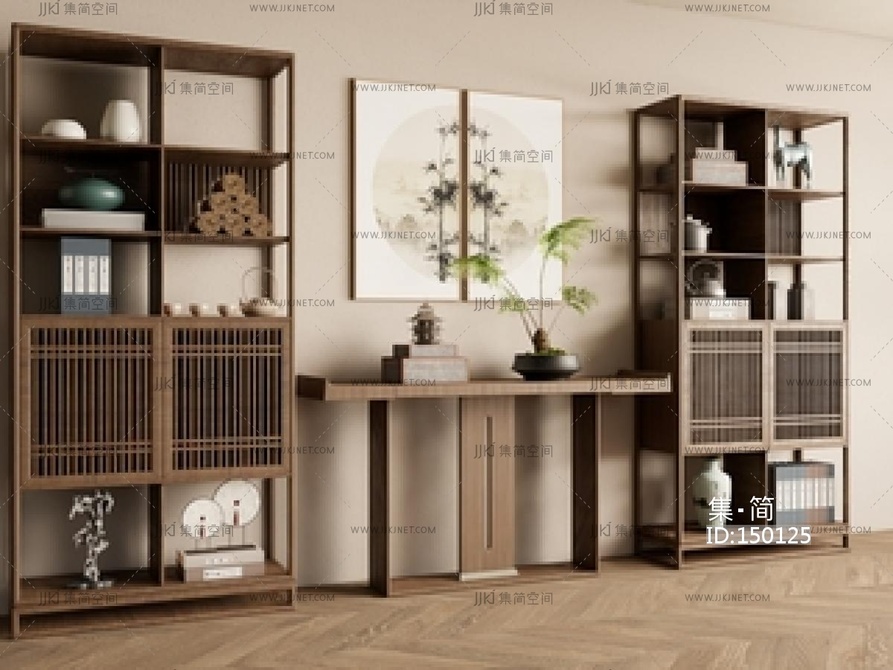 新中式禅意博古架_新中式博古架条案_实木收纳柜SU模型