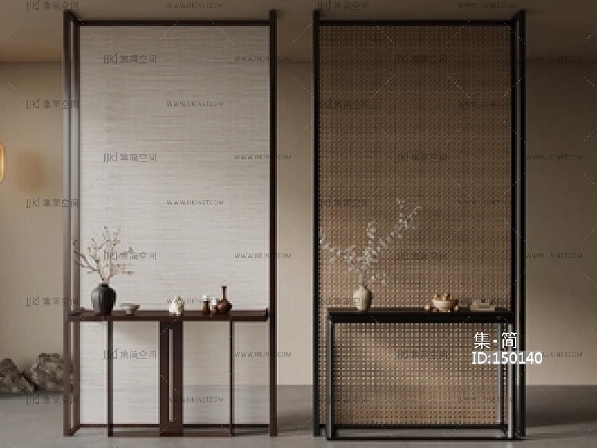 新中式隔断_新中式玄关隔断_屏风_条案SU模型