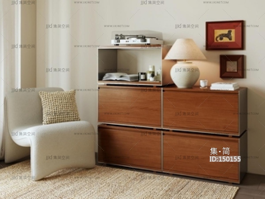 现代中古储物柜_包豪斯_奶油_边柜_装饰柜_餐边柜SU模型