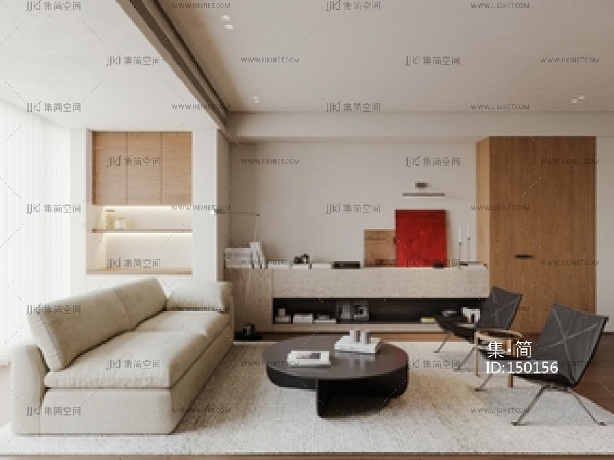 现代原木家居客厅_奶油_简约_无主灯客厅_包豪斯_沙发茶几组合SU模型