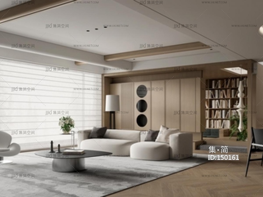 现代原木家居客厅_大平层客厅_客餐厅_开放式书房_沙发茶几组合_餐桌椅SU模型