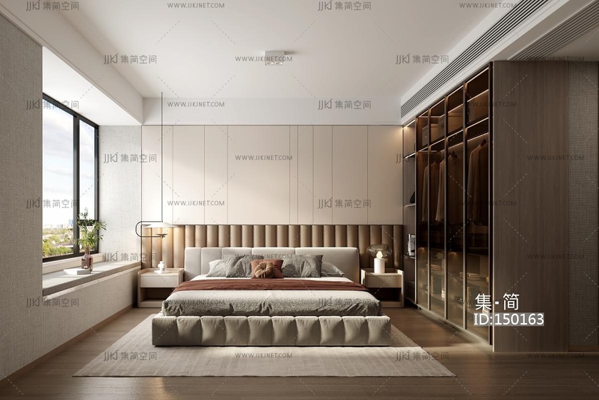 现代  卧室 双人床，床头柜，台灯玻璃衣柜