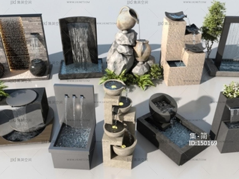 现代喷泉_现代景观叠水组合_流水喷泉_景观池绿植_水景喷泉_庭院跌水水帘SU模型