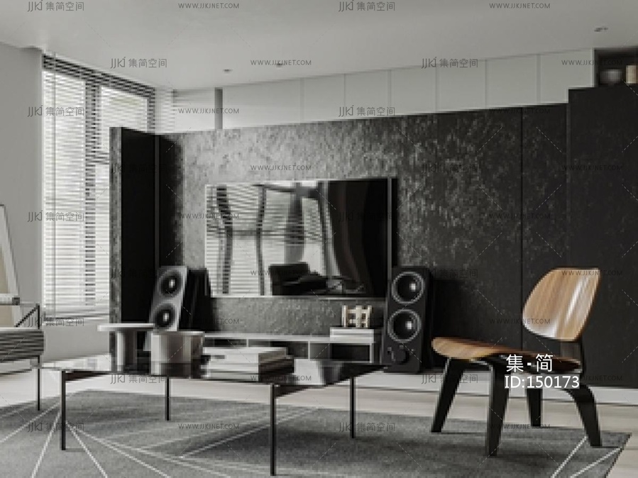 现代极简客餐厅_黑白灰客餐厅_高级灰客餐厅_吧台餐桌_开放式厨房_大平层横厅SU模型