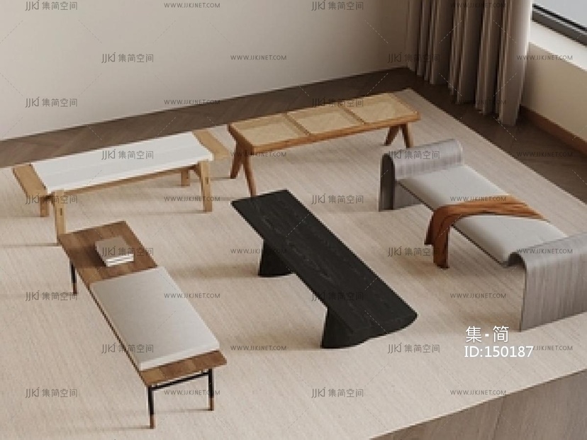 侘寂凳子组合_诧寂风换鞋凳SU模型