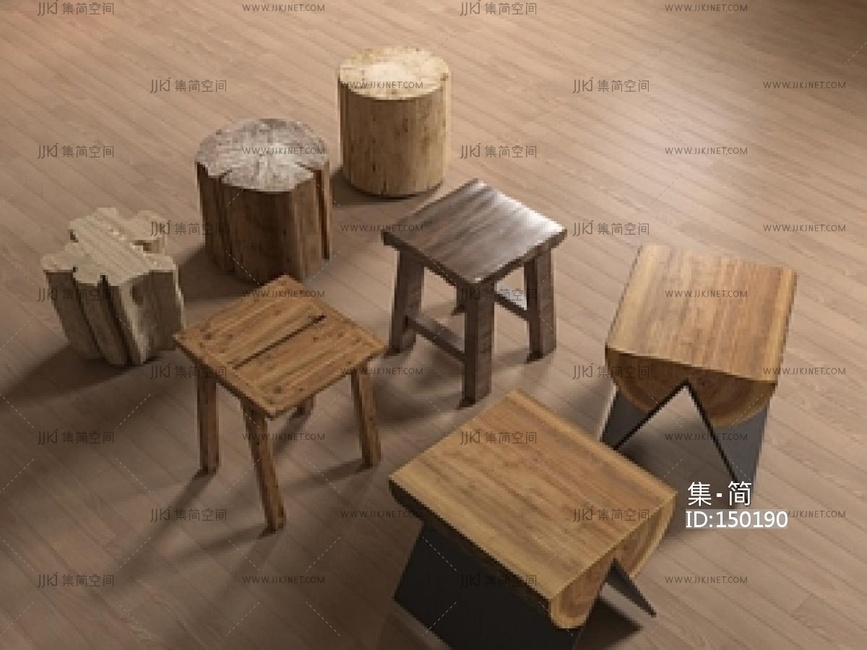 侘寂凳子组合_侘寂实木凳子_圆凳_树桩凳SU模型