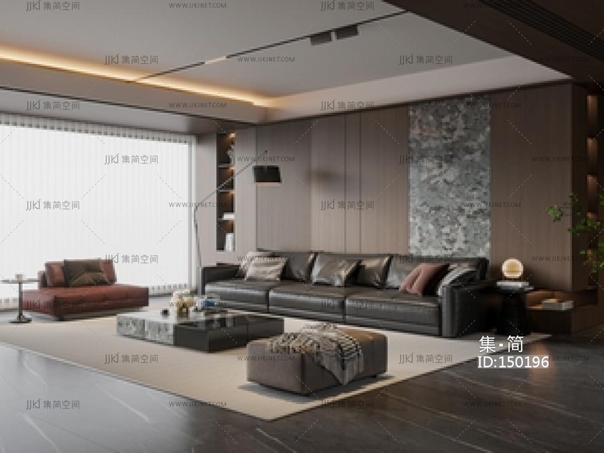 现代意式家居客厅_皮质沙发茶几组合_休闲椅_沙发凳_沙发背景墙_落地灯SU模型