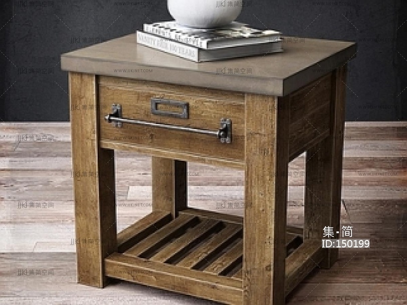 中古侘寂床头柜_方形床头柜_实木床头柜_民宿床头柜_床头柜摆件_抽屉式SU模型