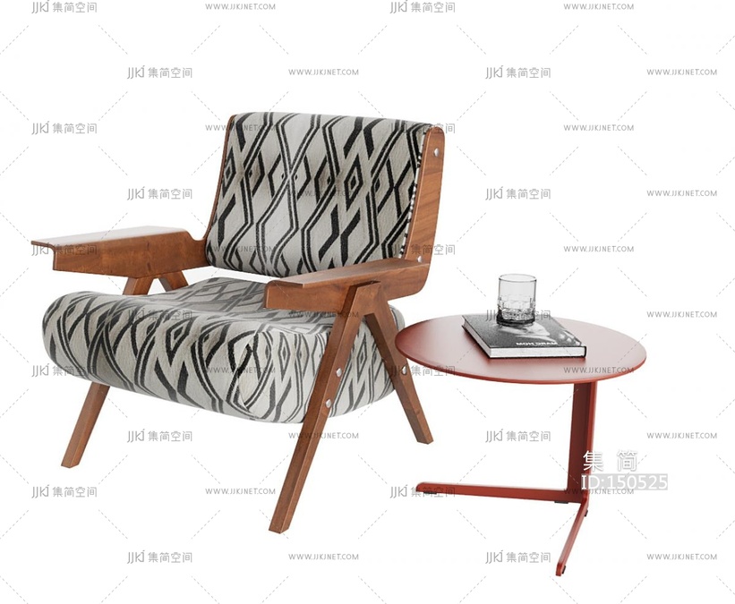 01-现代法式单人沙发_休闲椅_单椅_扶手椅圆形边几书本书籍玻璃水杯3D模型