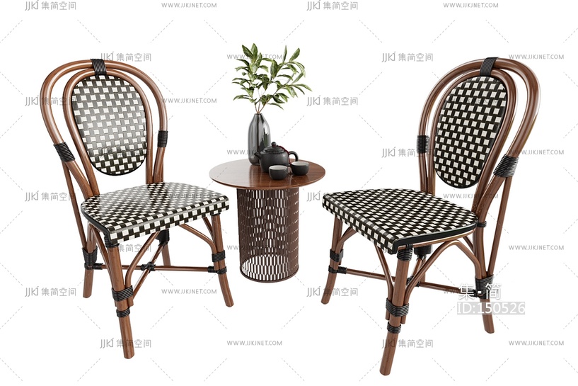 02侘寂风户外藤编休闲桌椅藤编休闲椅，花瓶茶壶玻璃花瓶3D模型