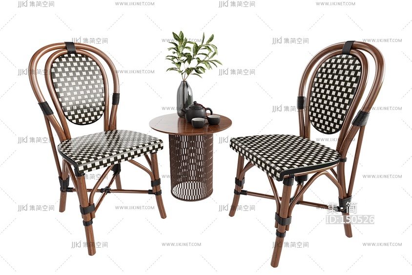 02侘寂风户外藤编休闲桌椅藤编休闲椅，花瓶茶壶玻璃花瓶3D模型