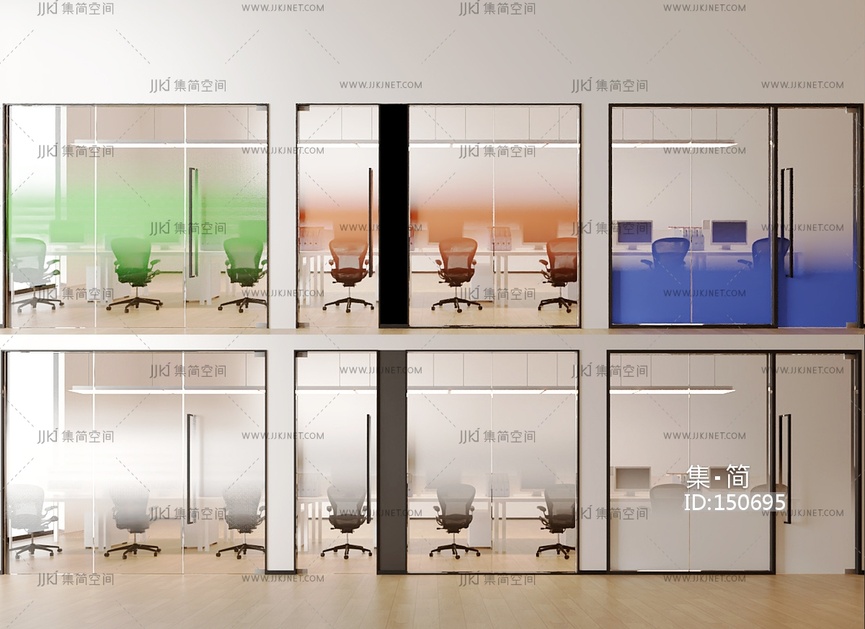 现代办公单开门_白色彩色渐变玻璃