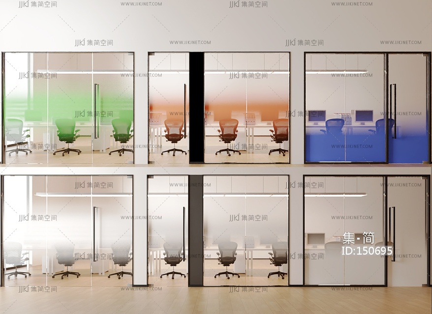 现代办公单开门_白色彩色渐变玻璃