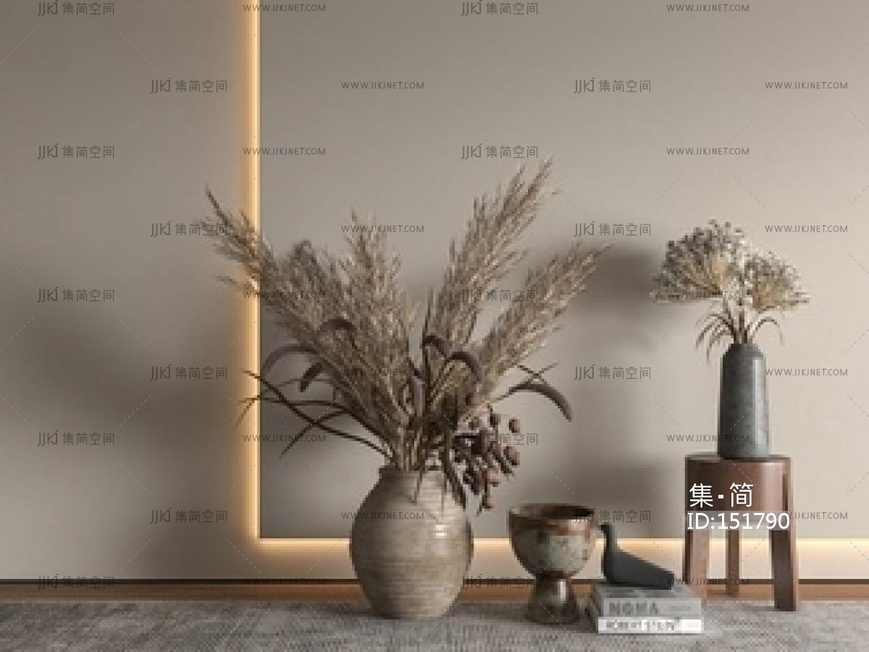 侘寂花瓶_侘寂花瓶干花摆件_芦苇插花SU模型