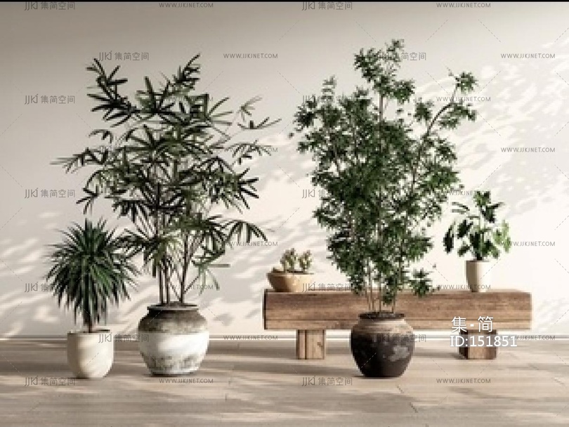 中古风盆栽_长凳_老木头SU模型