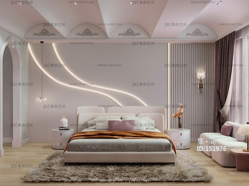 简欧式奶油白家居卧室 雕花吊顶 双人床 双人沙发-