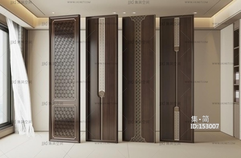新中式护墙板_新中式护墙板_木饰面_屏风隔断SU模型