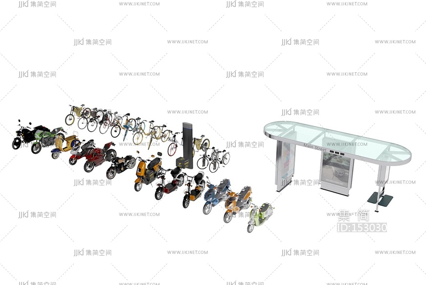 摩托车_共享单车_外卖摩托_非机动车候车亭3D模型