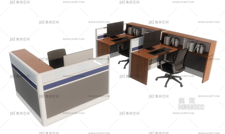 员工工位L形状工工位办公椅电脑显示器键盘su模型
