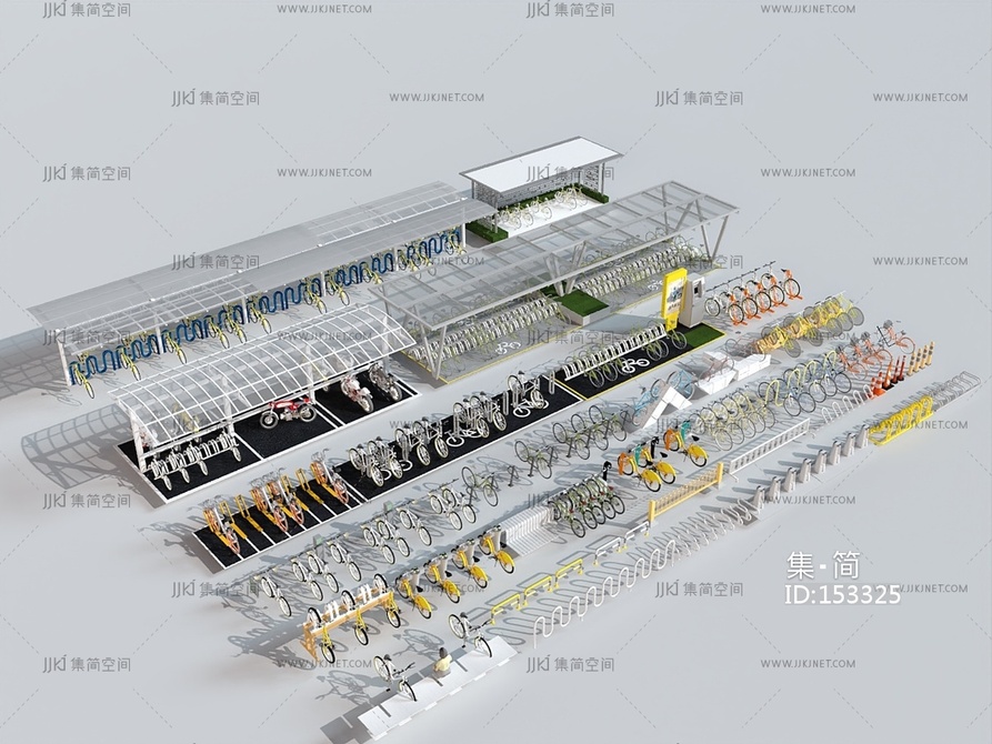 现代户外停车场_自行车停车场_市政共享单车停车_自行车停车架组合_路障路挡_车棚3D模型