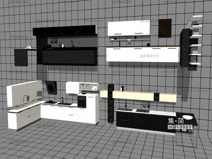 现代风格厨房用品厨房橱柜组合 su草图模型