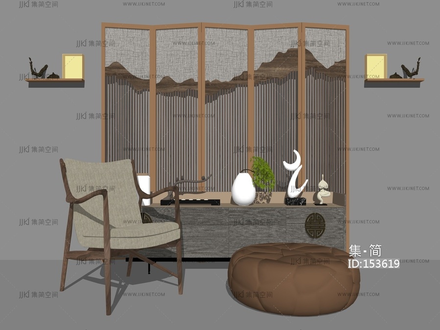 新中式风格单人休闲沙发组合 su草图模型