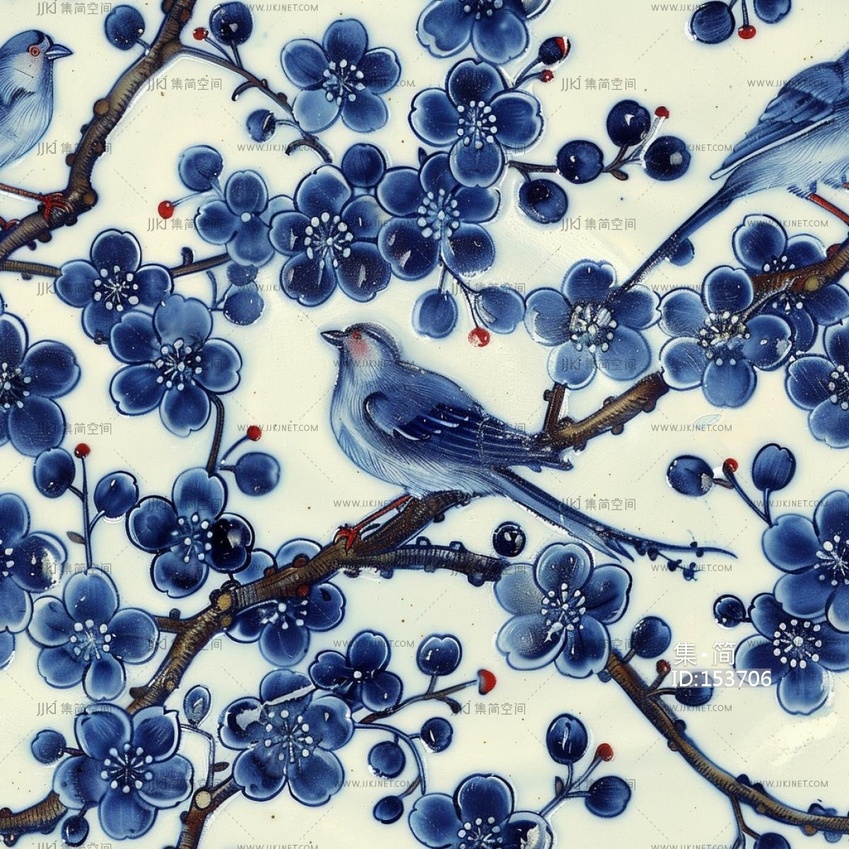 无缝青花瓷花鸟贴图