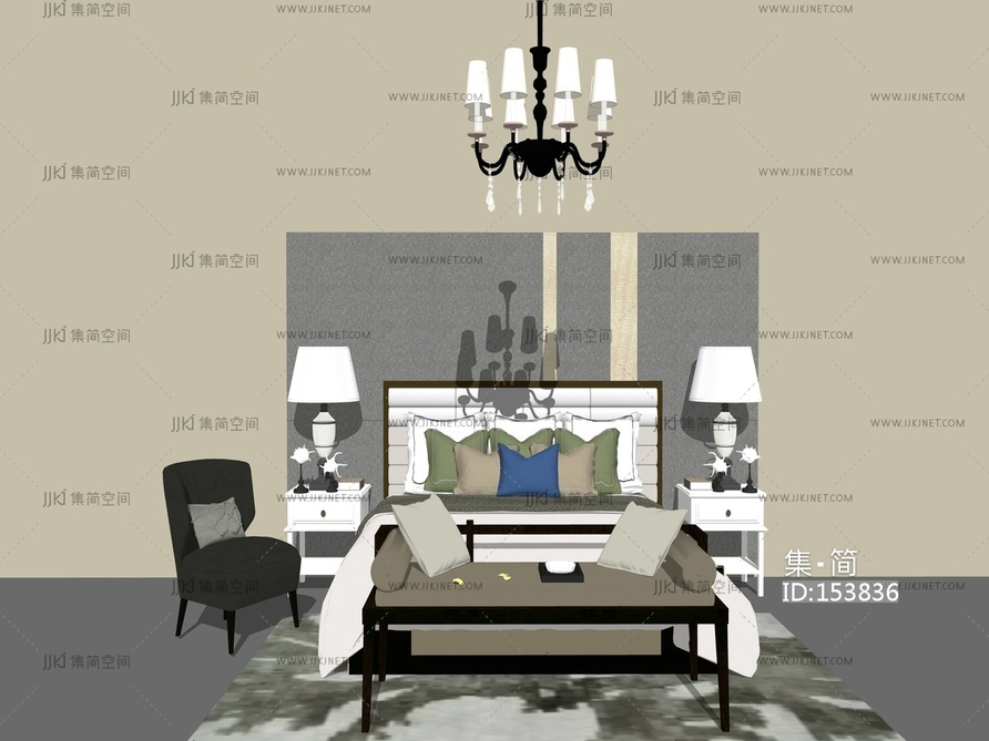 现代双人床组合 su草图模型