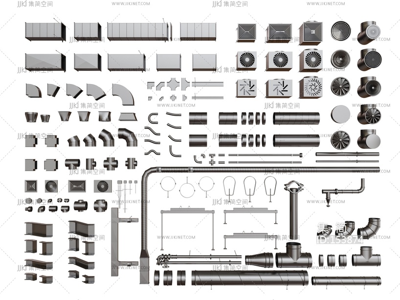 现代五金管道_排风管_通风管_管道零件3D模型
