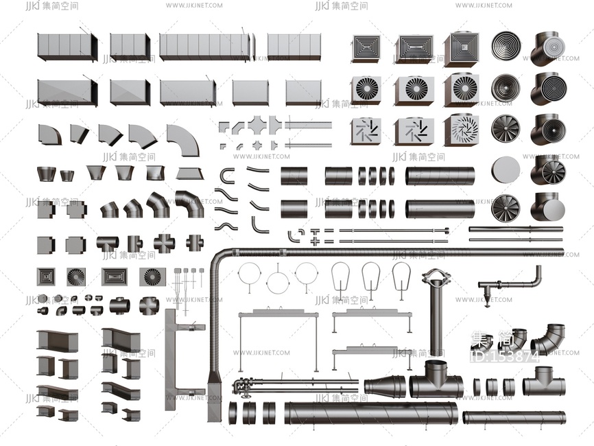 现代五金管道_排风管_通风管_管道零件3D模型