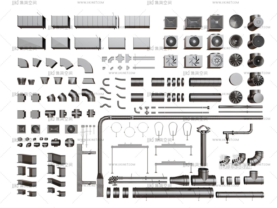 现代五金管道_排风管_通风管_管道零件3D模型