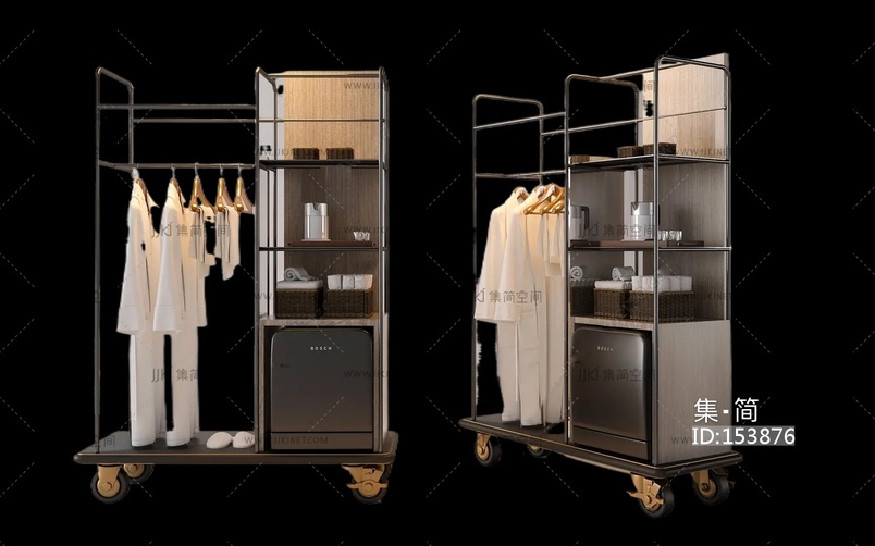 现代酒店服务车衣架，不锈钢水壶托盘酒店用品3D模型