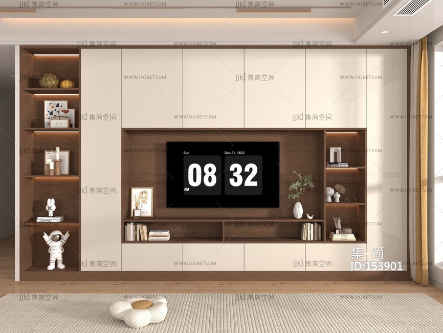 现代电视背景墙,满墙电视柜,电视机,储物柜,饰品摆件3D模型