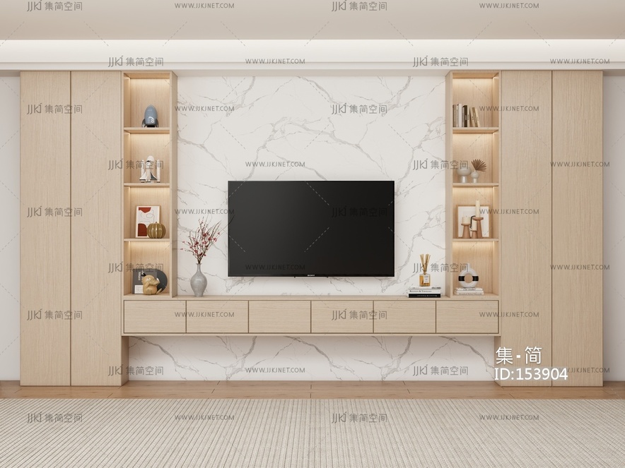 现代电视背景墙 满墙电视柜 电视机 储物柜 饰品摆件SU模型