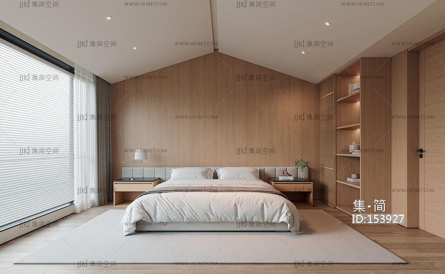 现代客房_双人床_原木客房日式客房双人床SU模型